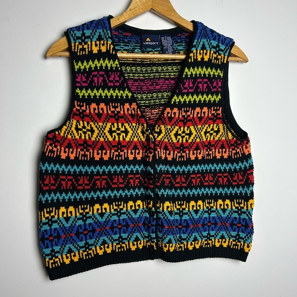 VTG‎ Lizsport Knit textured Aztec Western Cowgirl Vest Sweater Size L